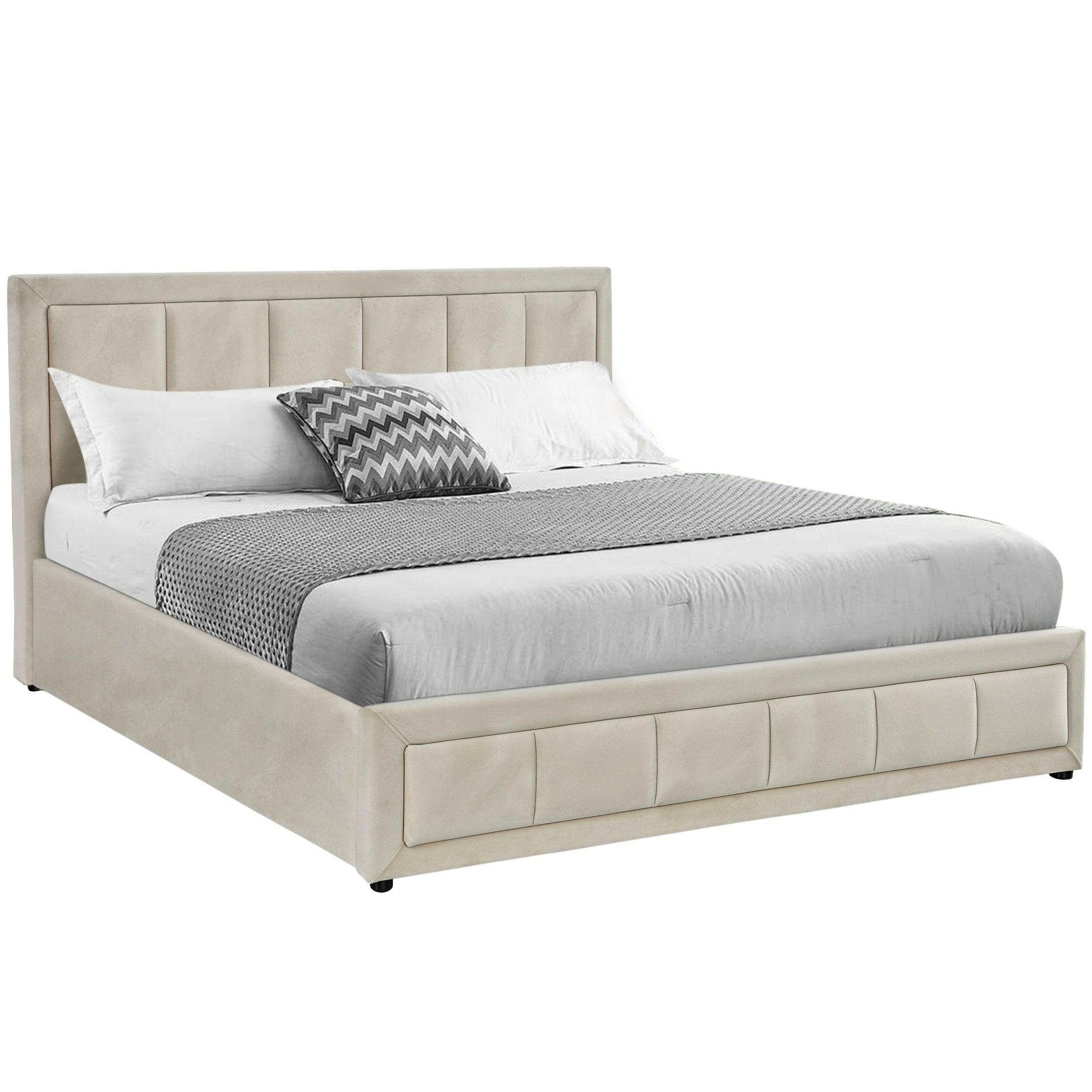 Beige ottoman bed with padded headboard and spacious under-bed storage, modern design