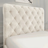 [Single | Beige] Close detail of beige upholstered headboard with diamond tufting and cushioned finish