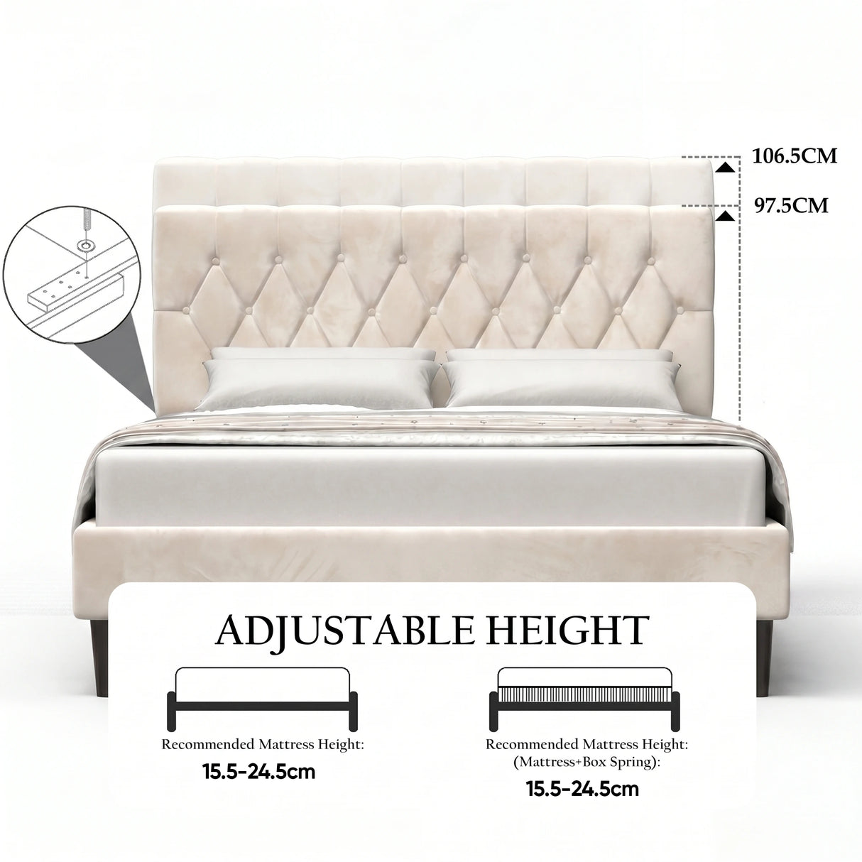 [Double | Beige] Velvet bed headboard showing adjustable height range from 15.5 to 24.5cm with annotation