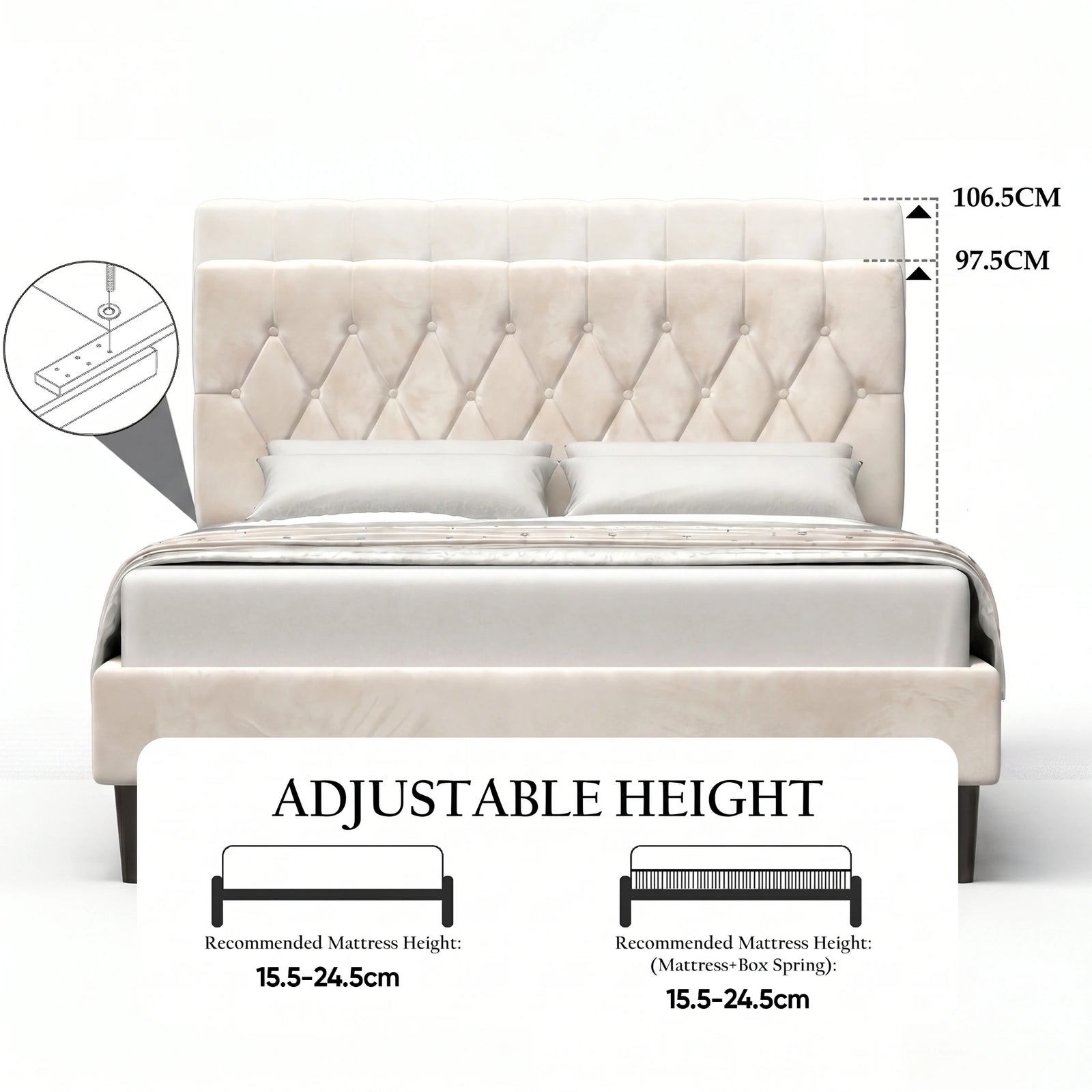 [Double | Beige] Velvet bed headboard showing adjustable height range from 15.5 to 24.5cm with annotation