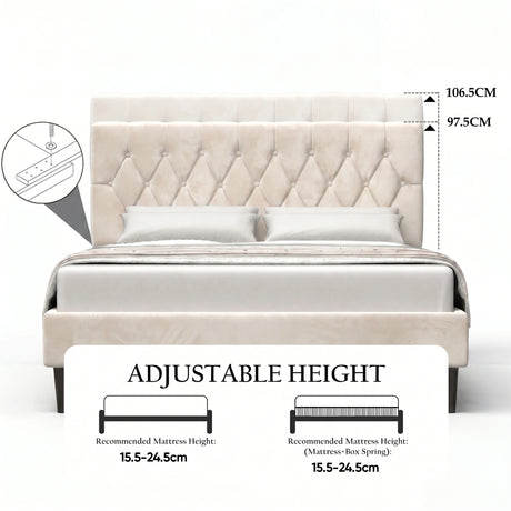 [Double | Beige] Velvet bed headboard showing adjustable height range from 15.5 to 24.5cm with annotation