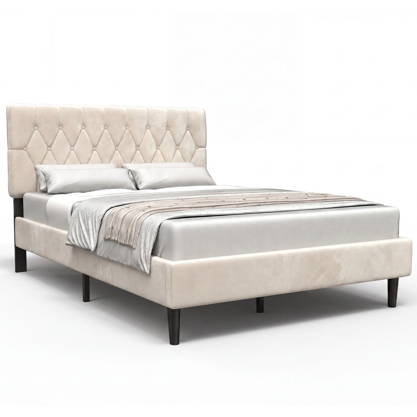 [Double | Beige] Velvet Chesterfield bed angled view with throw blanket on white background showing profile