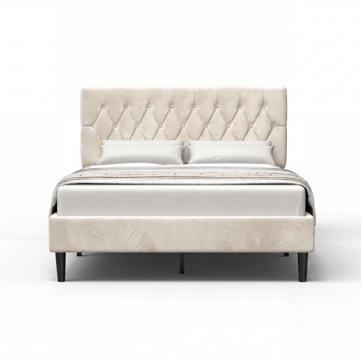 [Double | Beige] Velvet Chesterfield bed front view on white background showing full frame and headboard
