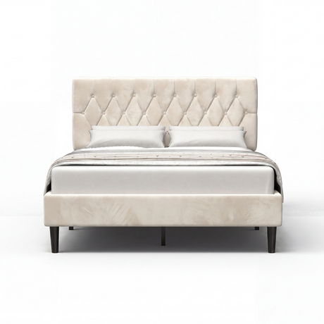 [Double | Beige] Velvet Chesterfield bed front view on white background showing full frame and headboard
