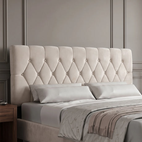 [Double | Beige] Velvet bed headboard close-up showing deep button tufted diamond pattern and soft fabric