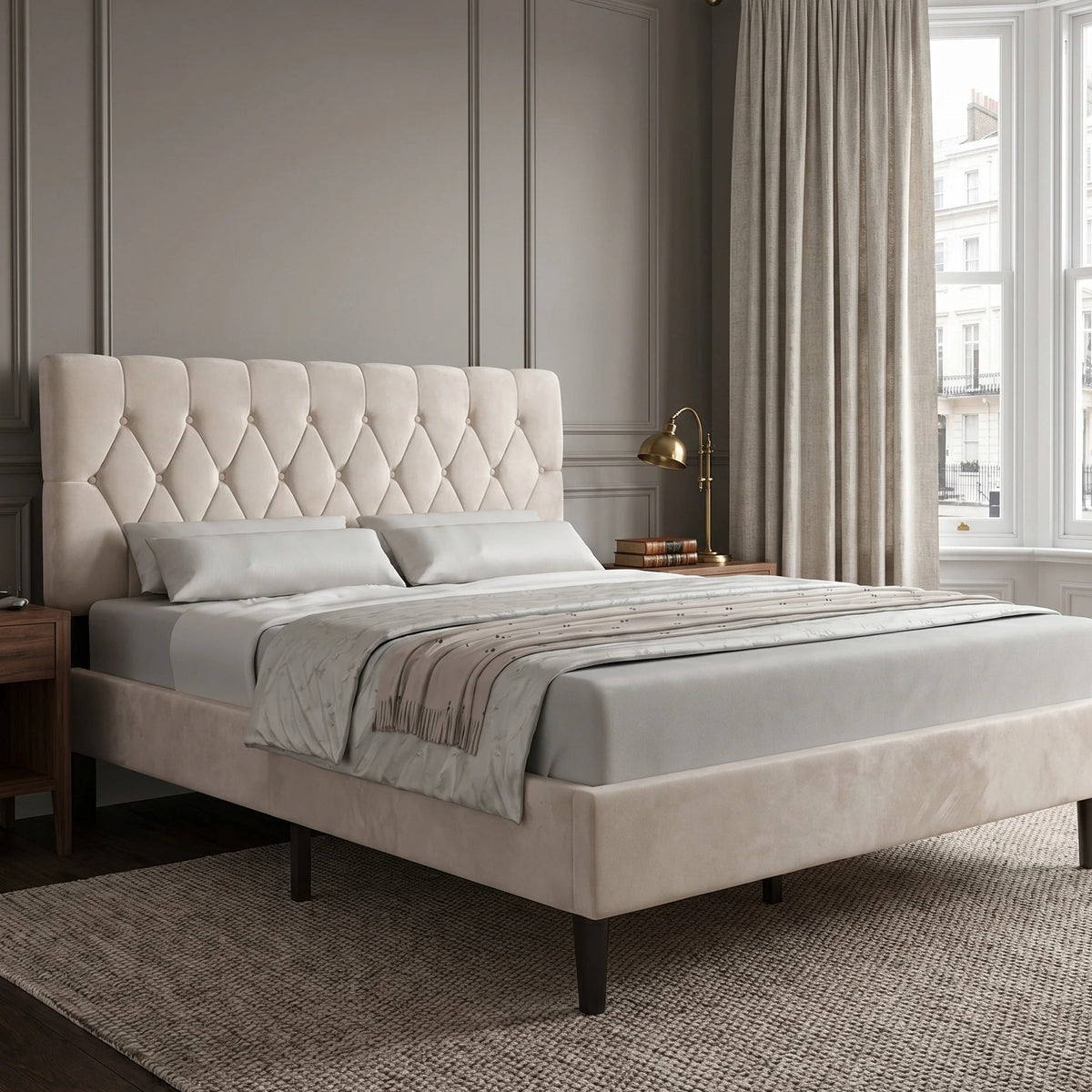 Velvet Bed Frame Double & King Adjustable Headboard Double