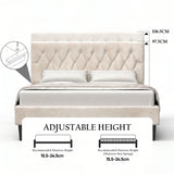 [King | Beige] Velvet bed headboard showing adjustable height range from 15.5 to 24.5cm with annotation