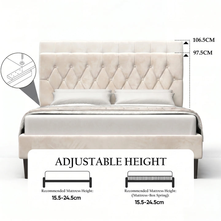 [King | Beige] Velvet bed headboard showing adjustable height range from 15.5 to 24.5cm with annotation