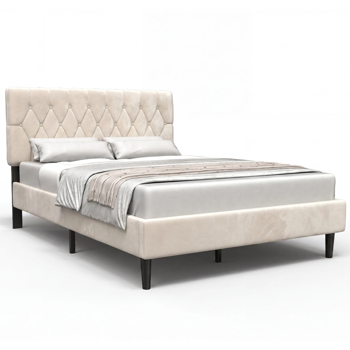 [King | Beige] Velvet Chesterfield bed angled view with throw blanket on white background showing profile