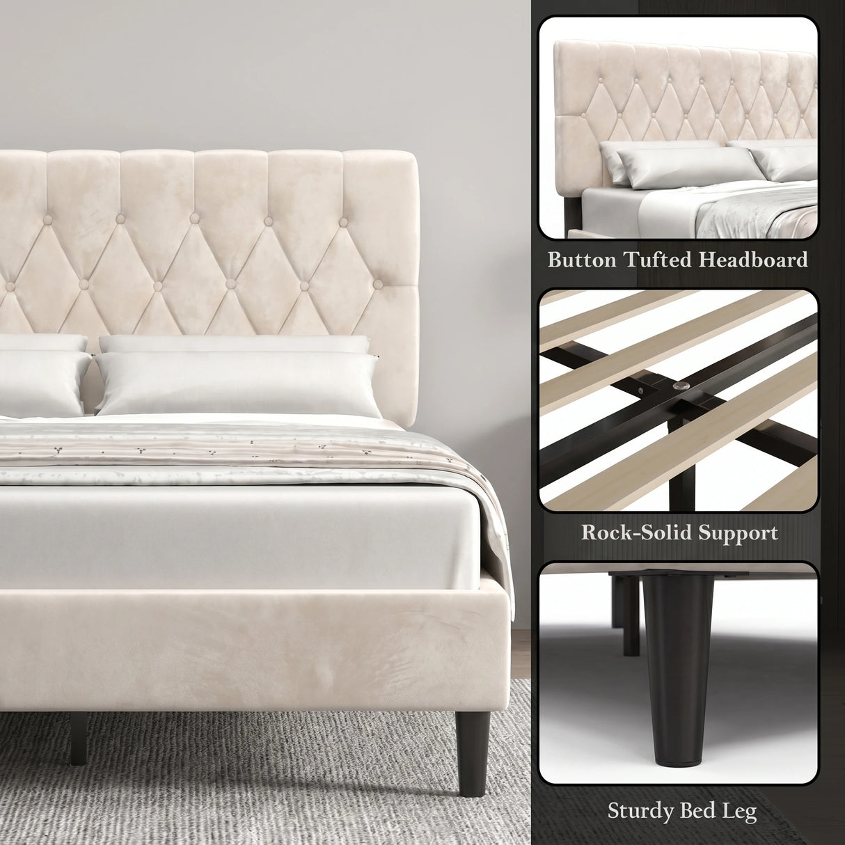 [King | Beige] Velvet bed feature collage showing button tufted headboard and birch solid support overlay