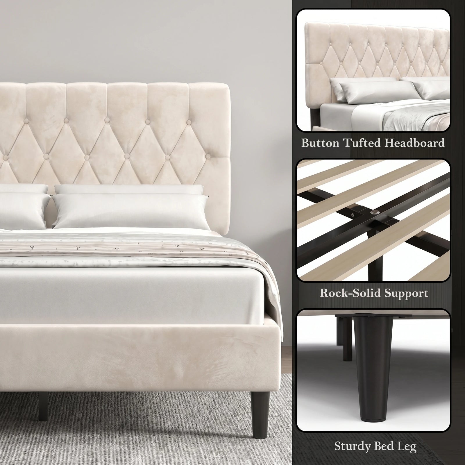 [King | Beige] Velvet bed feature collage showing button tufted headboard and birch solid support overlay