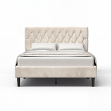 [King | Beige] Velvet Chesterfield bed front view on white background showing full frame and headboard