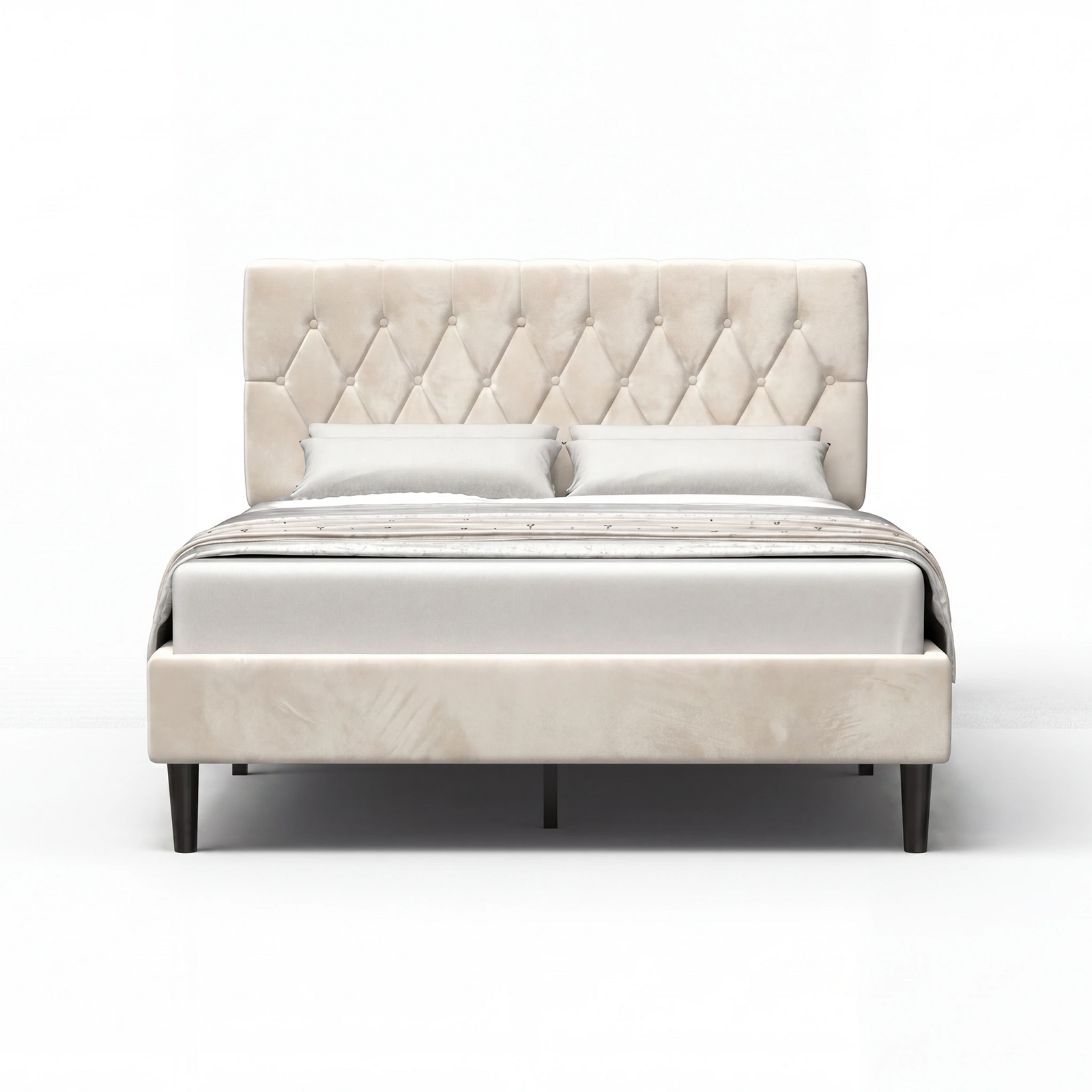 [King | Beige] Velvet Chesterfield bed front view on white background showing full frame and headboard