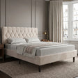 [King | Beige] Velvet Chesterfield bed in a bright styled bedroom with large windows and natural daylight