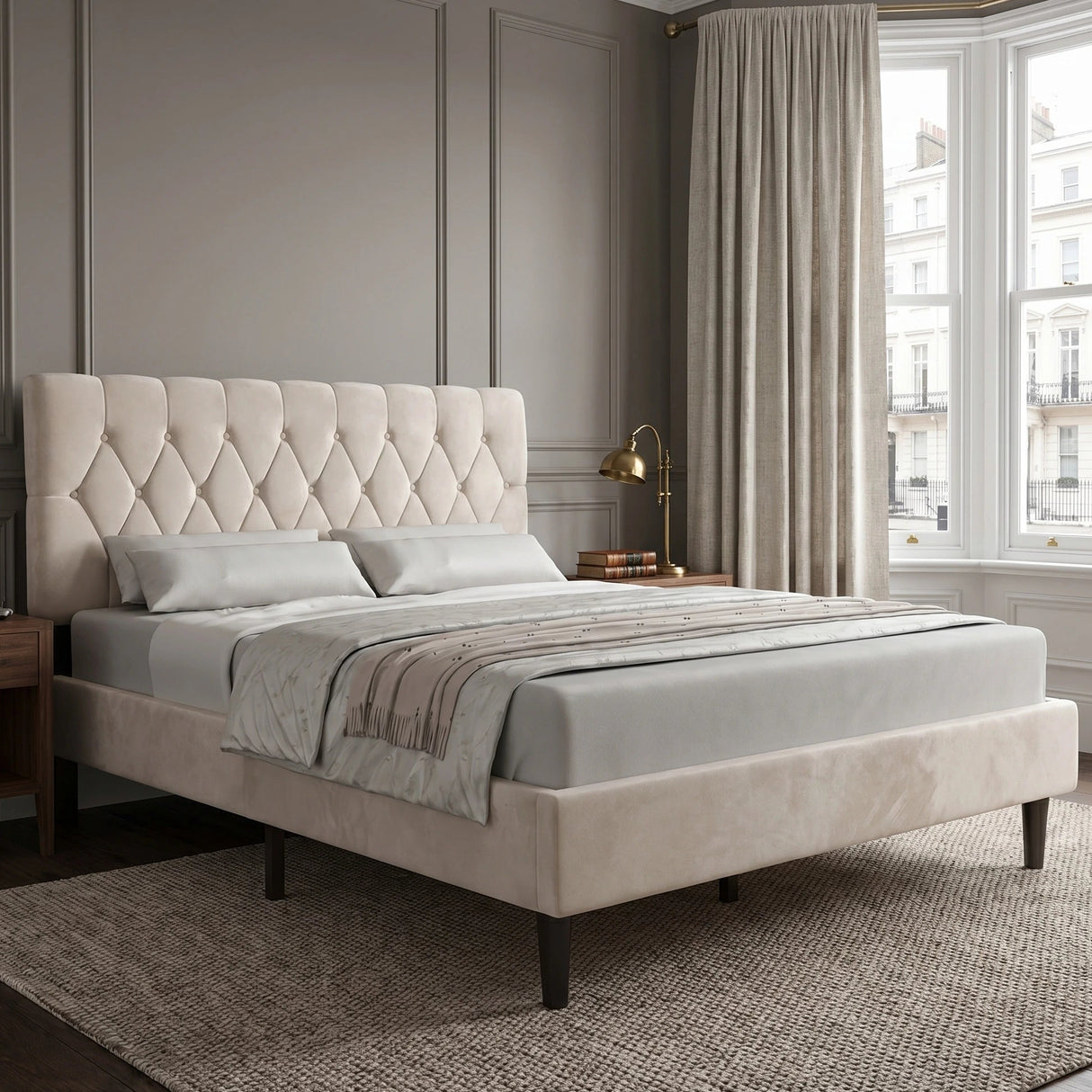 [King | Beige] Velvet Chesterfield bed in a bright styled bedroom with large windows and natural daylight