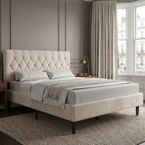 [King | Beige] Velvet Chesterfield bed in a bright styled bedroom with large windows and natural daylight