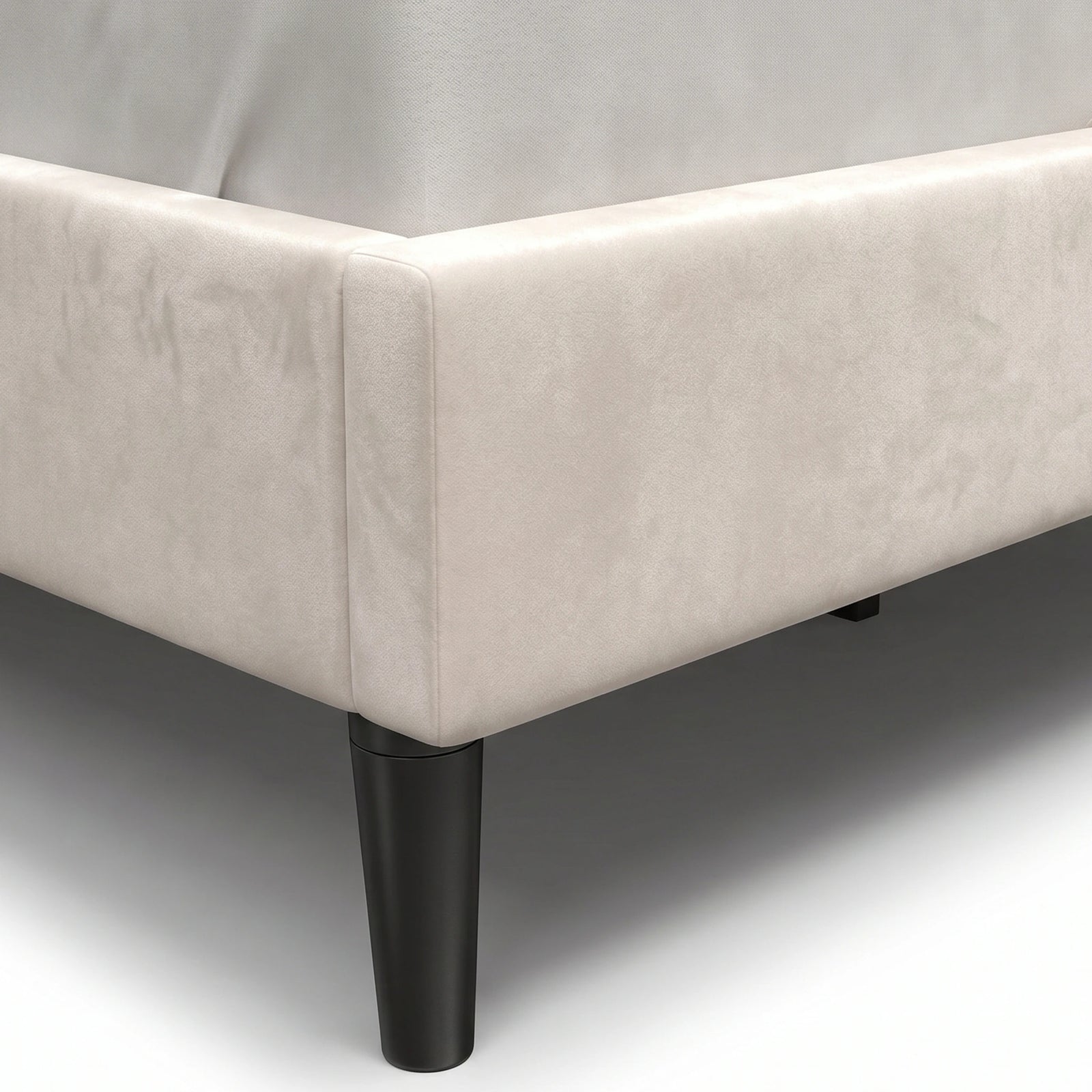 [King | Beige] Velvet bed side frame close-up showing soft beige fabric texture and clean stitching detail