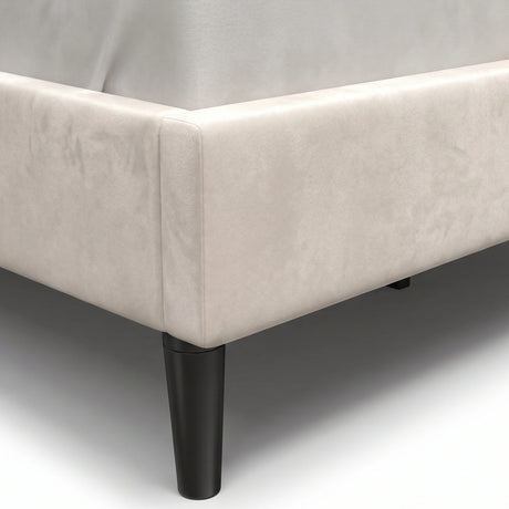 [King | Beige] Velvet bed side frame close-up showing soft beige fabric texture and clean stitching detail