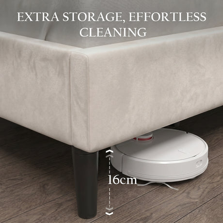 [King | Beige] Velvet bed extra storage and effortless cleaning feature shown with annotation text overlay