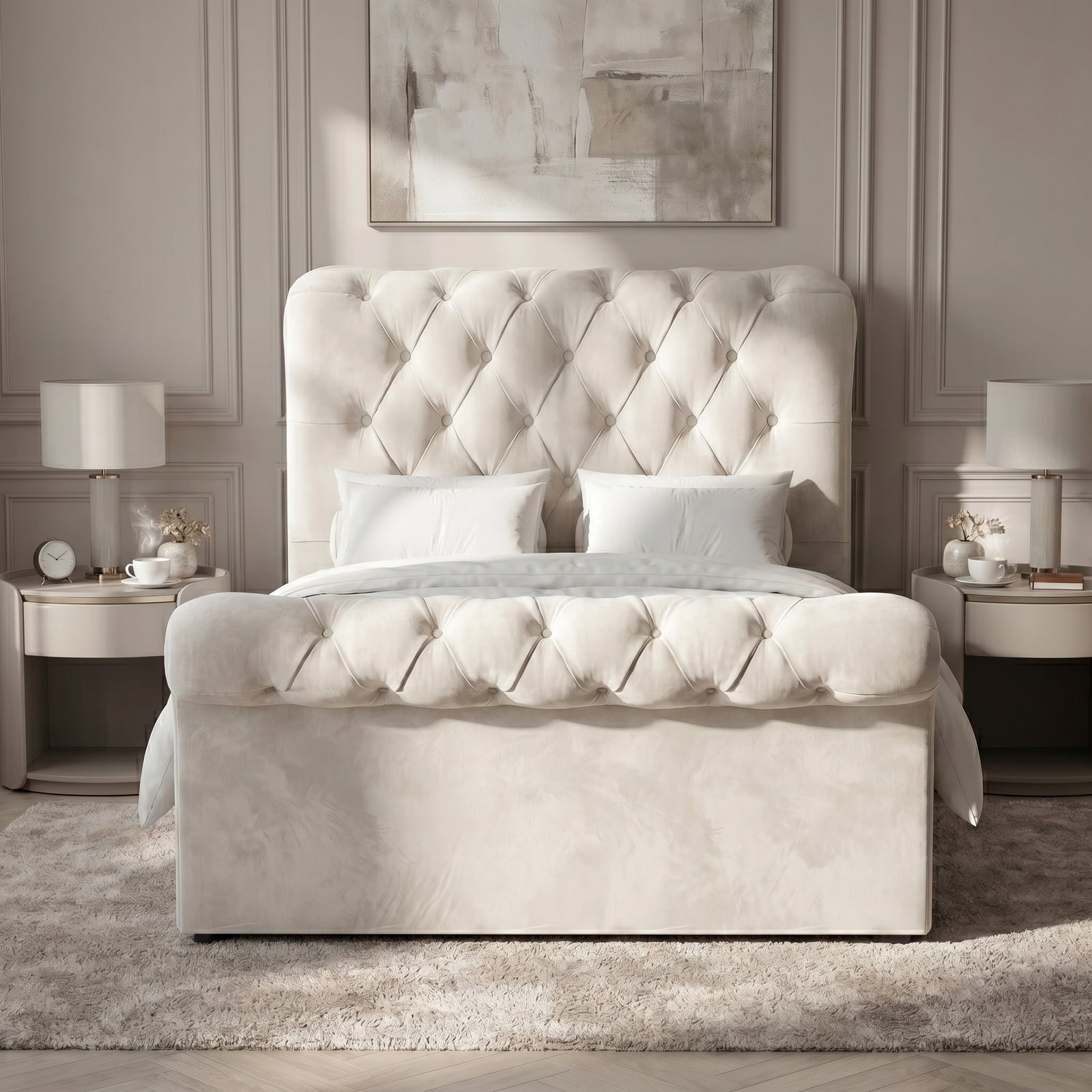 [Beige] Straight bedroom view with tufted headboard and footboard, matching side tables, lamps, and wall art