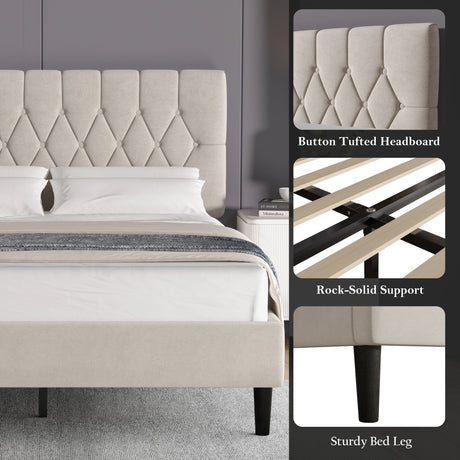Velvet bed frame double & king size in beige with adjustable button-tufted headboard, sturdy wooden slats, and black legs for rock-solid support.