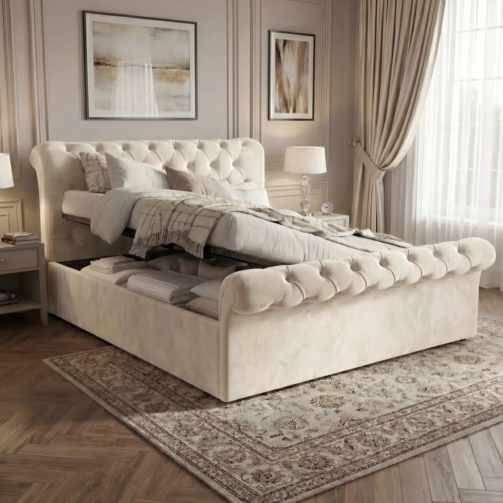 [Double | Beige] Chesterfield Ottoman Bed open storage base showing folded linens, deep-buttoned sleigh frame in cream velvet