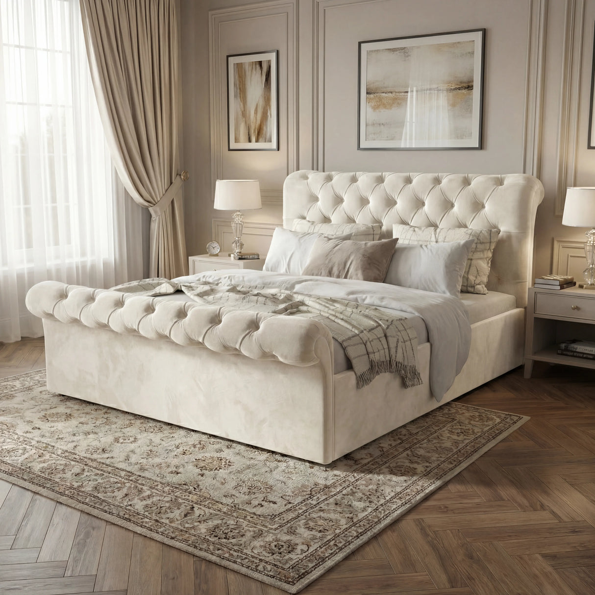 [Double | Beige] Detailed close-up of beige ottoman bed with focused shot on the tufted upholstery and frame construction
