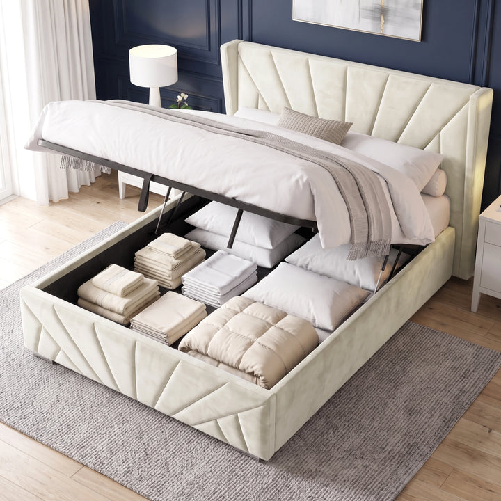 [Double | Beige] Hydraulic lift mechanism raised to reveal storage space on the Sunrise Double Ottoman Storage Bed Frame Beige Velvet.