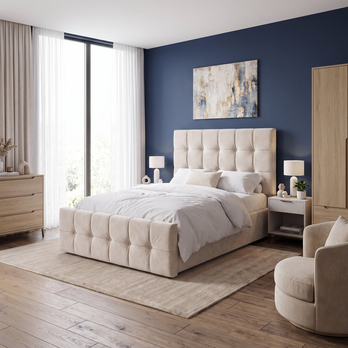 [Double | Beige] Double Ottoman Storage Bed Frame Beige Velvet Square Tufted styled in a modern bedroom against a navy wall.