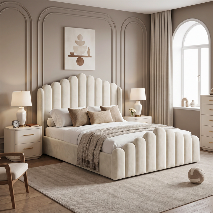 [Double | Beige] Velvet ottoman storage bed in a wide bedroom view with arched window, armchair and scalloped headboard