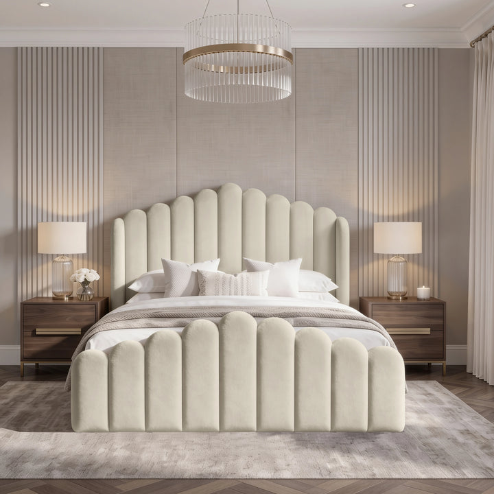 [Double | Beige] Front view of velvet ottoman storage bed with scalloped channel headboard and matching footboard