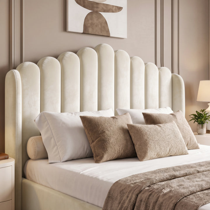 [Double | Beige] Close-up of tall scalloped velvet headboard with white and taupe pillows