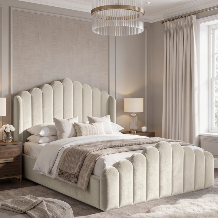 [Double | Beige] Alternate bedroom view of velvet ottoman bed with scalloped headboard and matching footboard