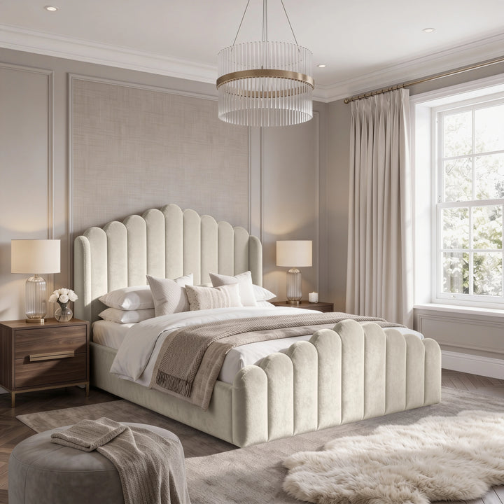 [Double | Beige] Velvet ottoman storage bed in a bedroom, with scalloped channel headboard and matching footboard
