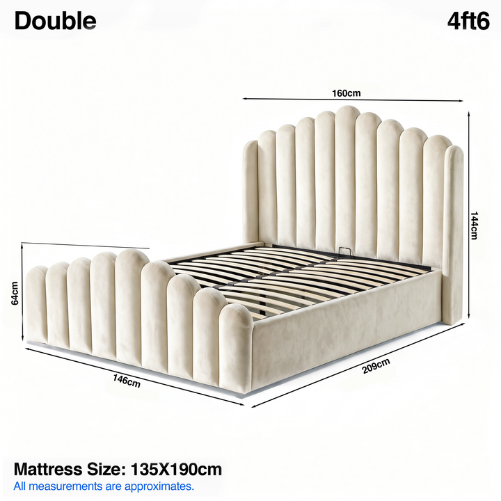 [Double | Beige] Ottoman bed size: 160W x 209L x 144H cm; foot end 64H; mattress 135 x 190 cm