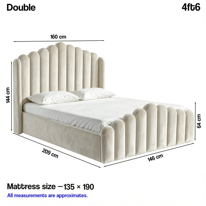 [Double | Beige] Ottoman bed size: 160W x 209L x 144H cm; foot end 64H; mattress 135 x 190 cm