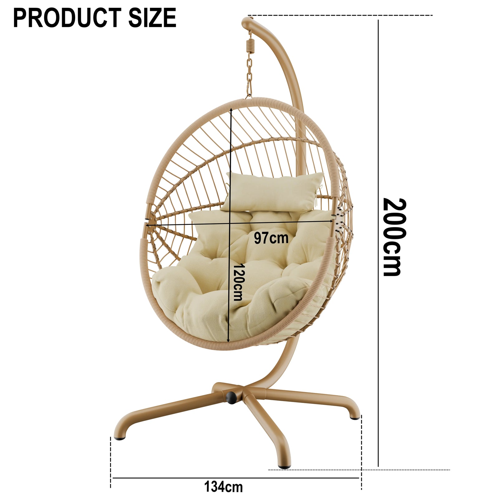 [Beige] Beige hanging egg chair dimensions: 200cm tall, 134cm wide, 97cm seat W, 120cm seat H