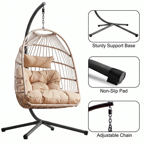 [Beige] Egg chair with cushion, non-slip pad, adjustable chain, & sturdy support base for comfort