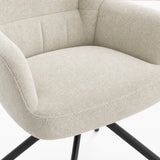 [Beige | Set of 2] Dining chair close-up of boucle seat, curved arm & stitched multi-panel back, with black metal legs below.