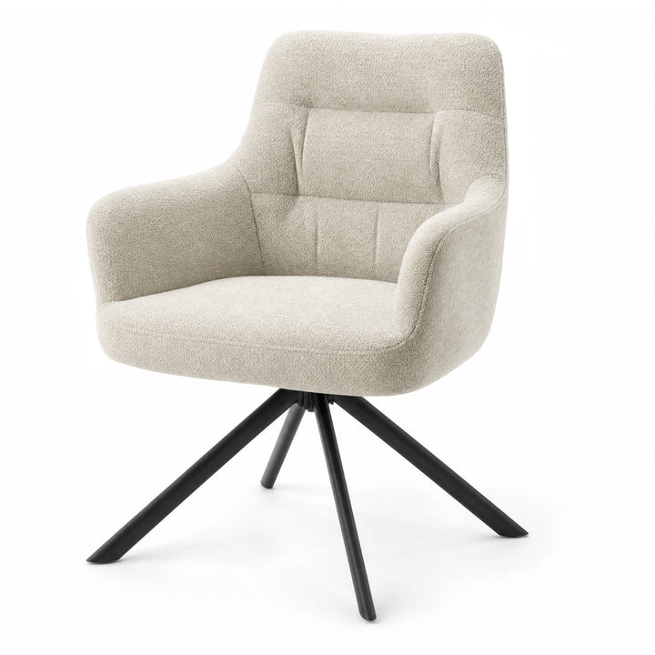 [Beige | Set of 2] Angled view of the boucle swivel dining chair with rounded arms, stitched back, wide tub seat & black base