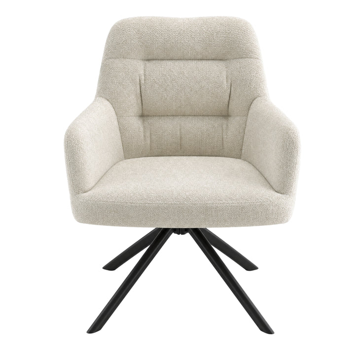 [Beige | Set of 2] Front view of the dining room chair with rounded arms, stitched padded back, wide seat & black metal legs.