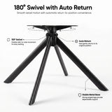 [Beige | Set of 2] Swivel view of the boucle swivel dining chair with Black metal swivel base with four legs and explanatory text showing 180° swivel and auto return features
