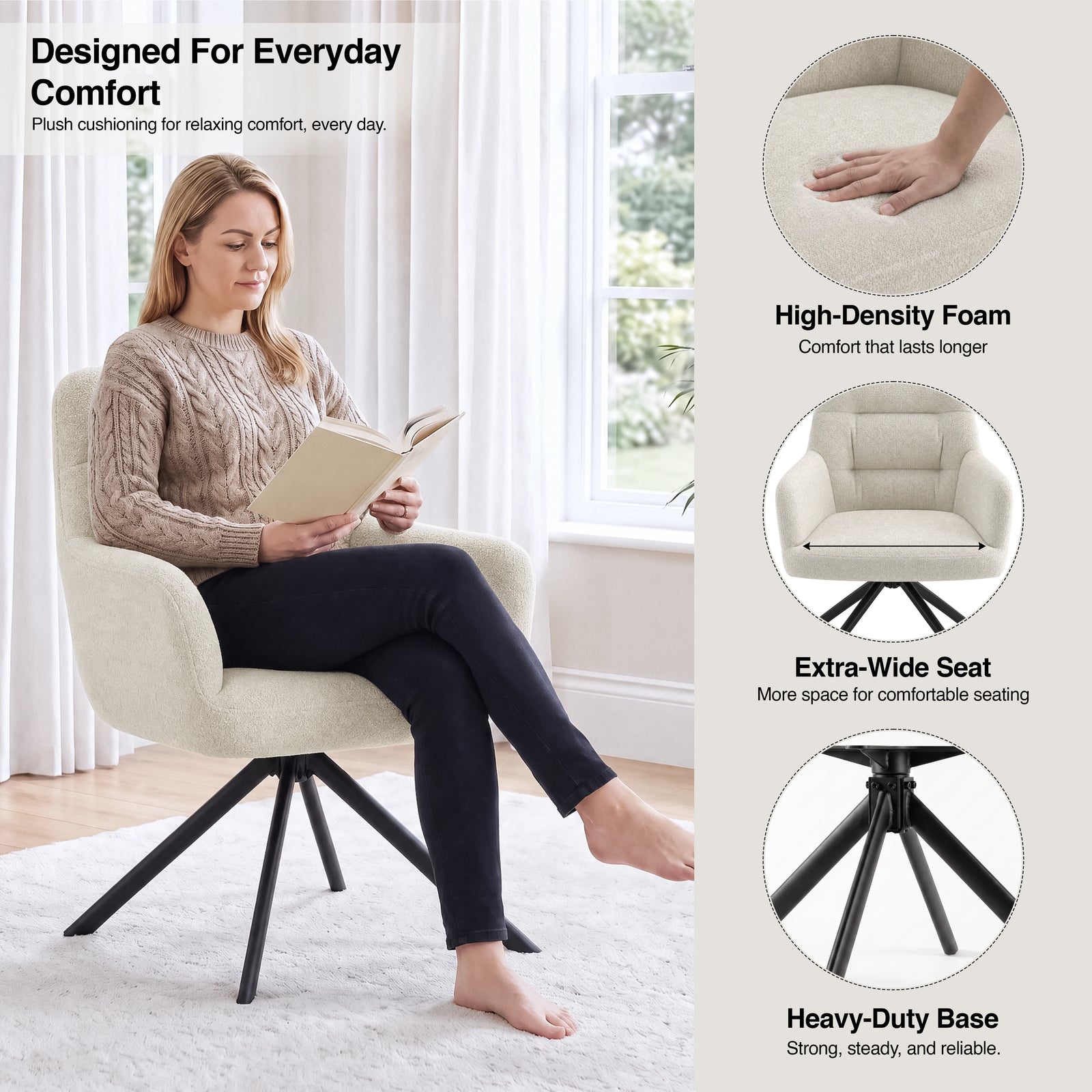 [Beige | Set of 2] Woman reading in a swivel chair, showing high-density foam, extra-wide seat and a heavy-duty metal base.
