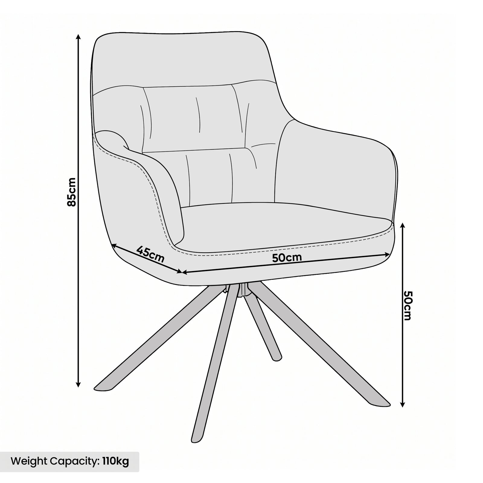 [Beige | Set of 4] Swivel dining chair size guide showing 85cm high, 50cm wide, 45cm deep, 50cm seat height & 110kg capacity.