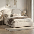 [King | Beige] Embracea bed styled at an angle in a warm neutral bedroom with linen textures and layered cushions