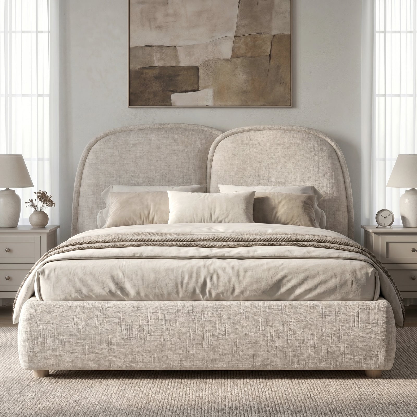 [Double | Beige] Embracea bed front view styled with matching nightstands, linen bedding, and large abstract artwork