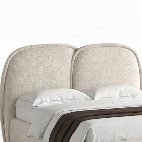 [King | Beige] Embracea headboard detail showing dual arched panels with textured fabric and curved piping edge