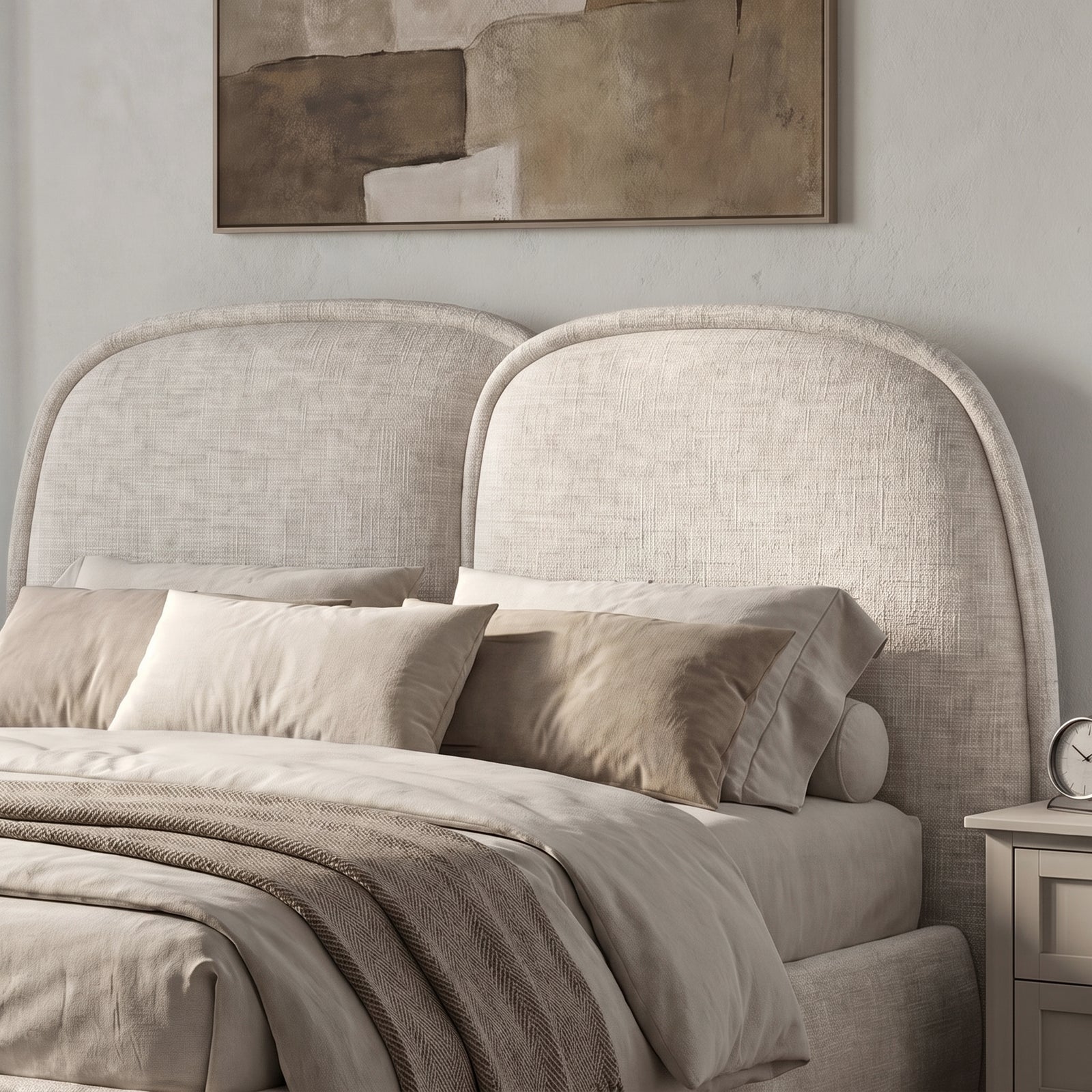 [Double | Beige] Embracea double-arch headboard close-up showing textured fabric upholstery and softly curved silhouette
 