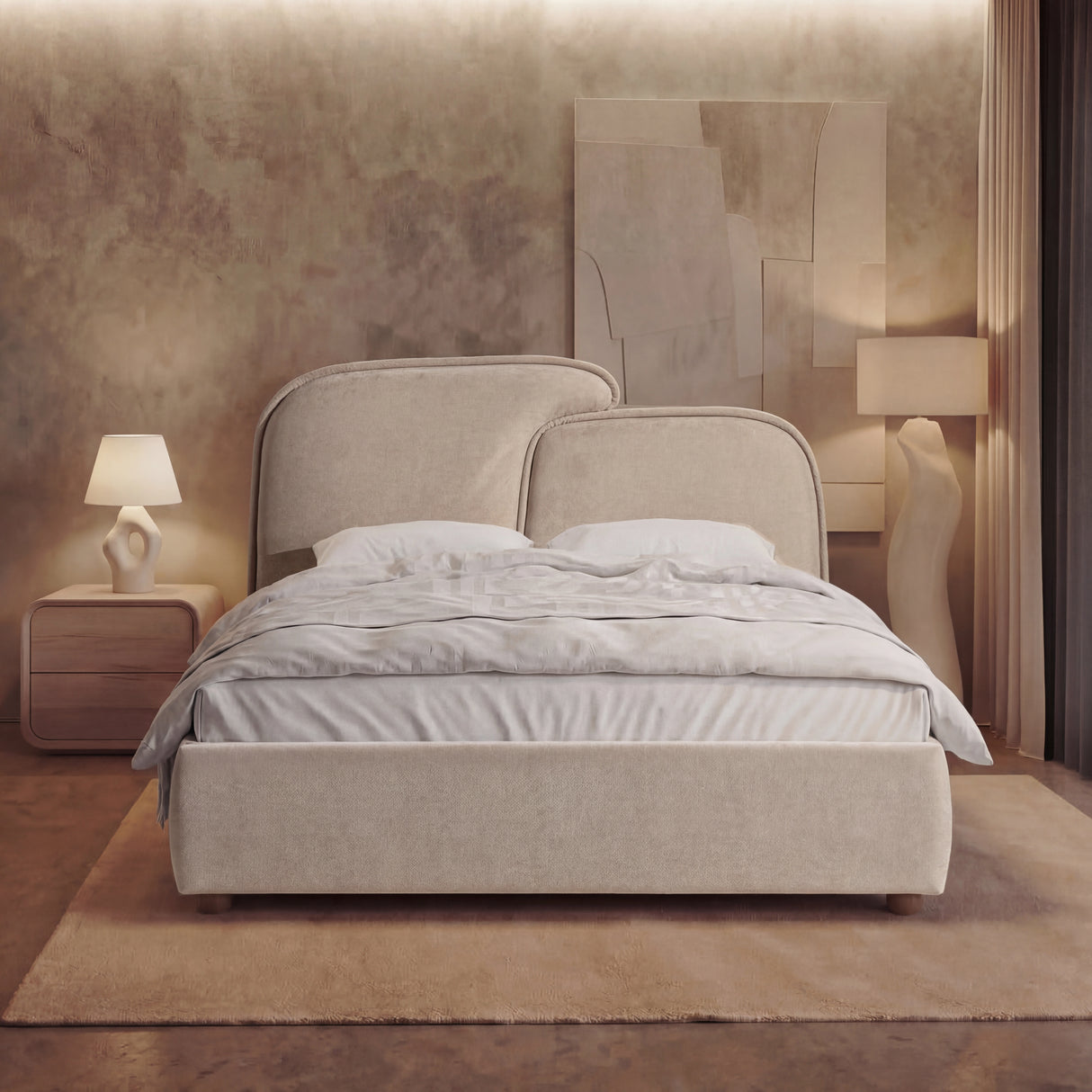 [King | Beige] Front view of beige fabric king bed frame highlighting rounded corners in warm and ambient light