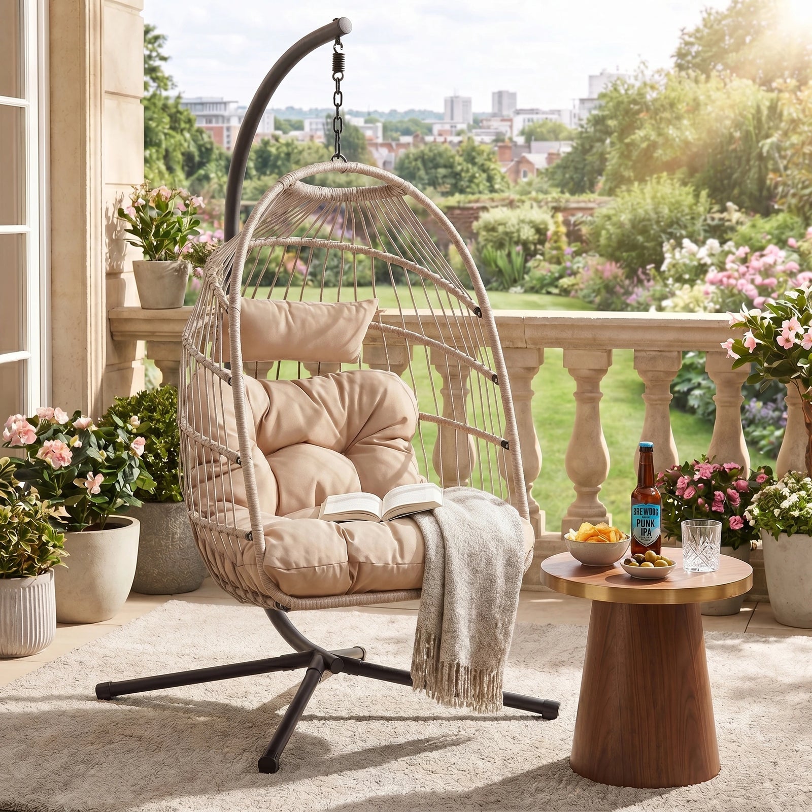 [Beige] hanging egg chair with cushioned seat and stand for stylish indoor outdoor garden lounging